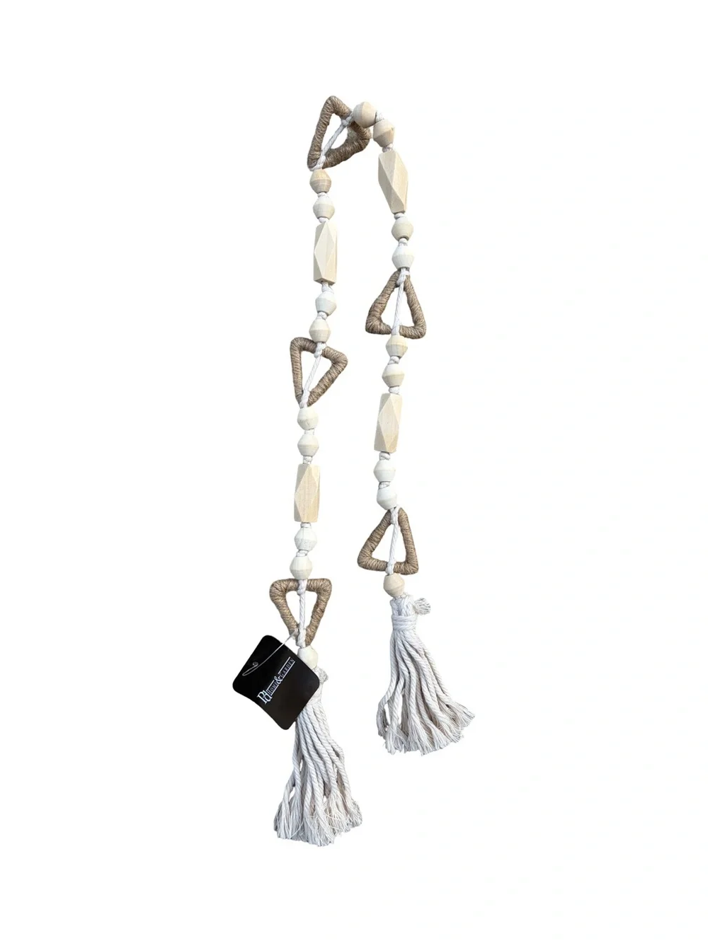 Pier 1 Wooden White and Natural Bead Tassel Garland with Geometric Accents